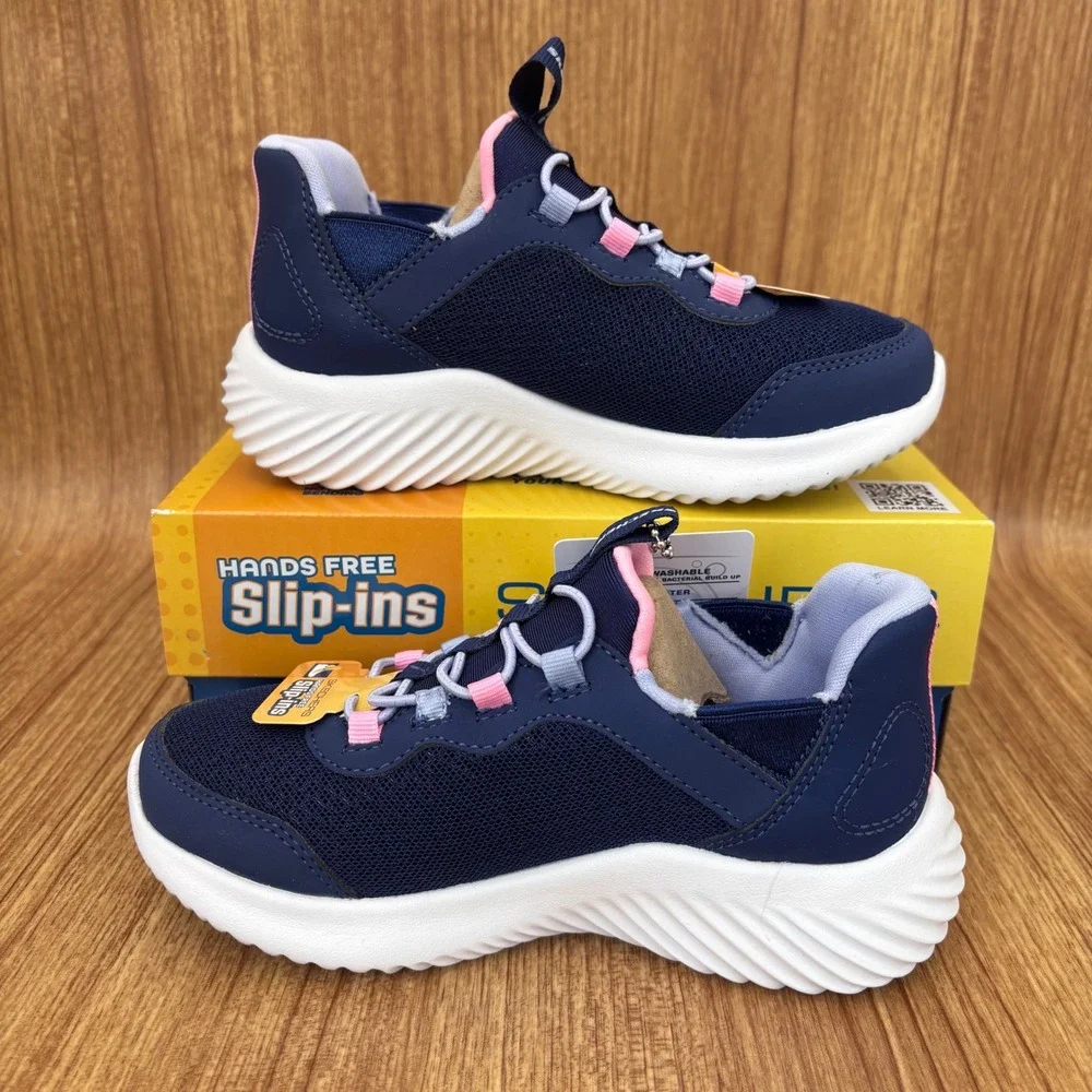 Skechers Bounder Simple Cute Kids Size 11 Navy Blue Pink Slip-ins 303585L NEW
